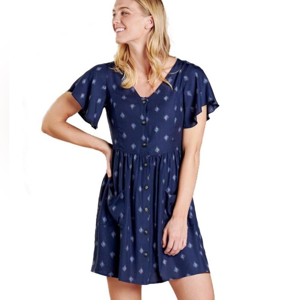 NWT Toad & Co Women’s Hillrose Button-Up SS Dress True Navy Geo Motif Print